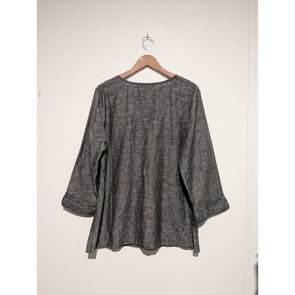 JM Collection Black Crossweave Notch Neck Linen Tunic 14 L Embroidery L/S - Picture 3 of 5